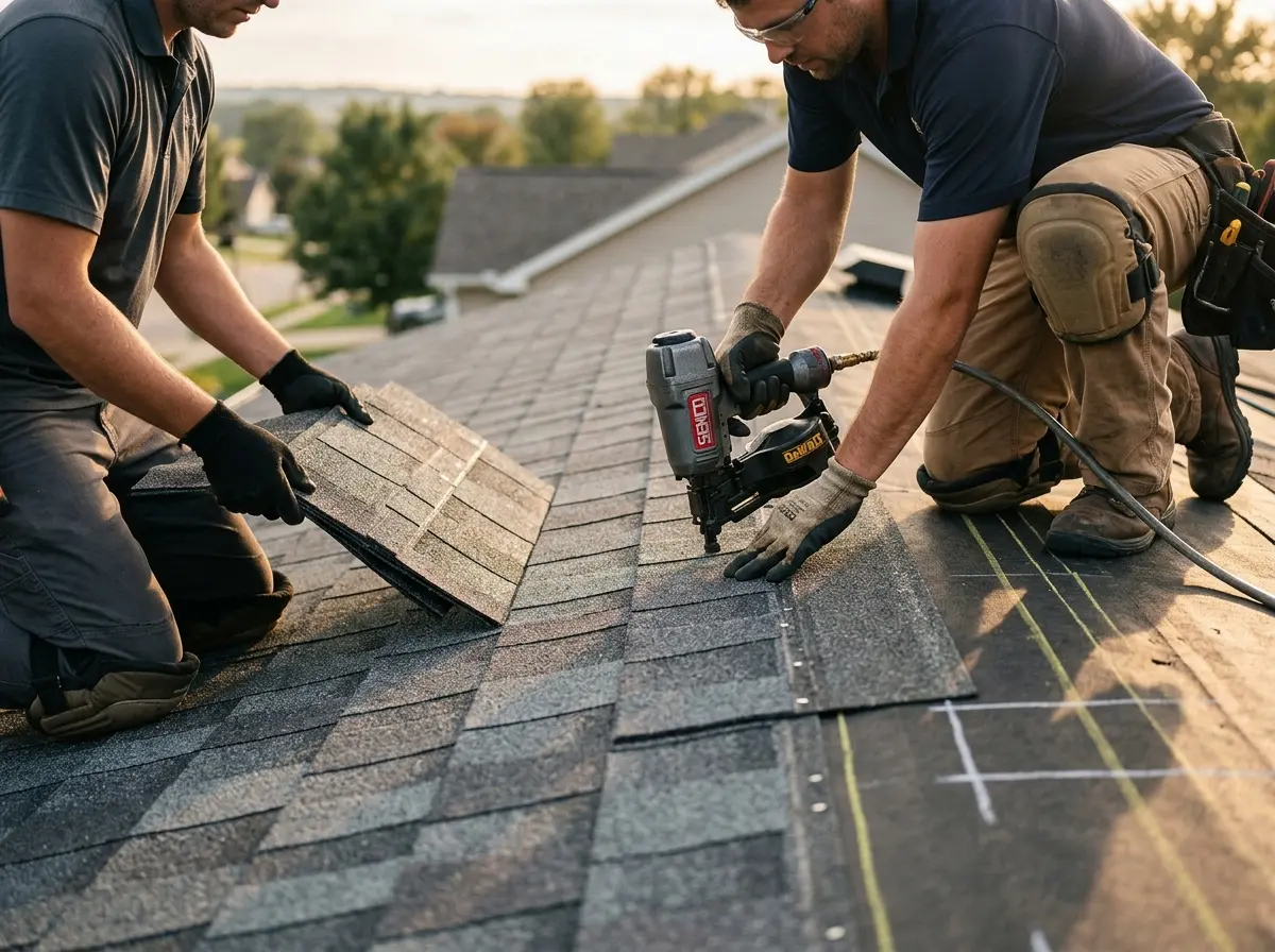 Professional roofer working on a residential roof in Forest Acres